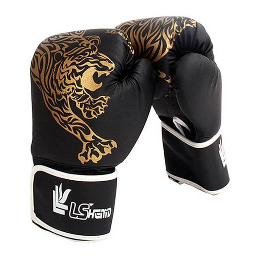 Black boxing glove with gold tiger design and LS brand logo on a white background