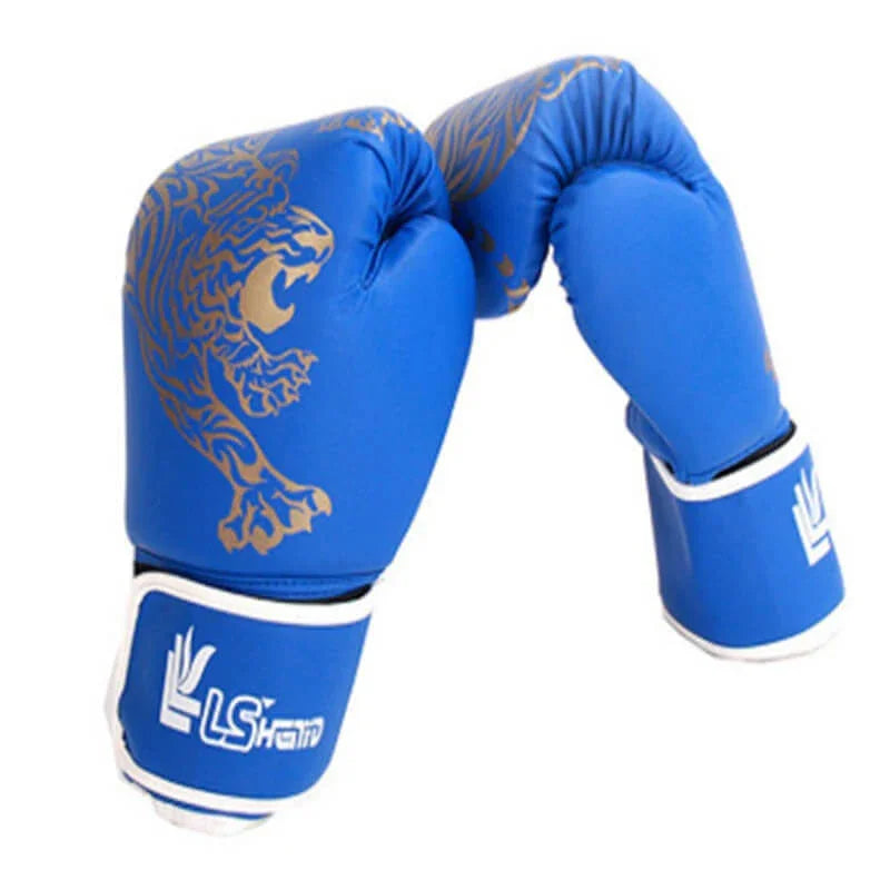 Blue boxing gloves with gold tiger design and white accents on a white background