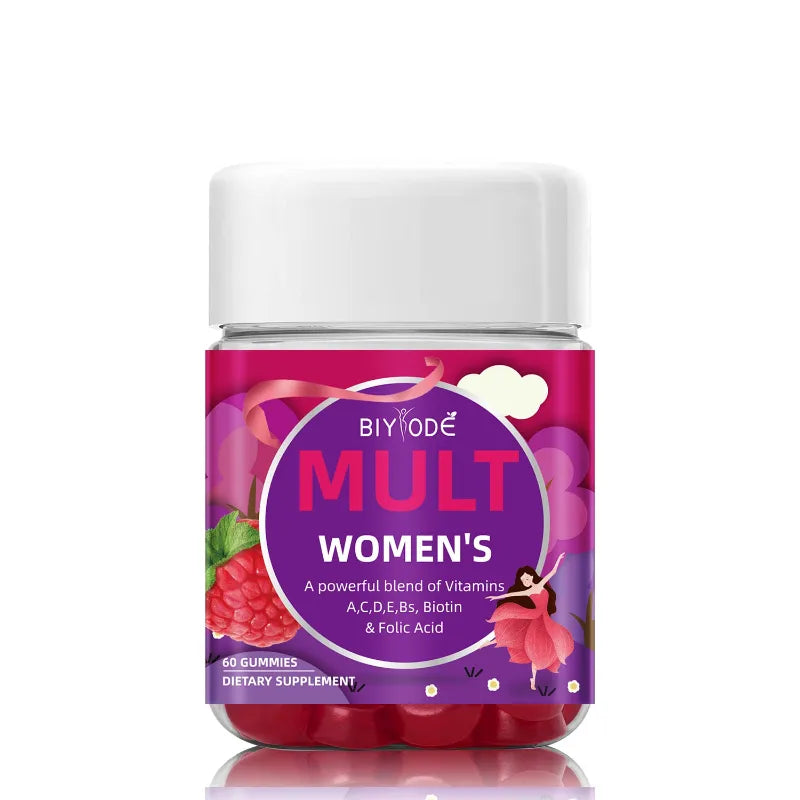 A bottle of BIYIODE Mult Women's dietary supplement gummies.