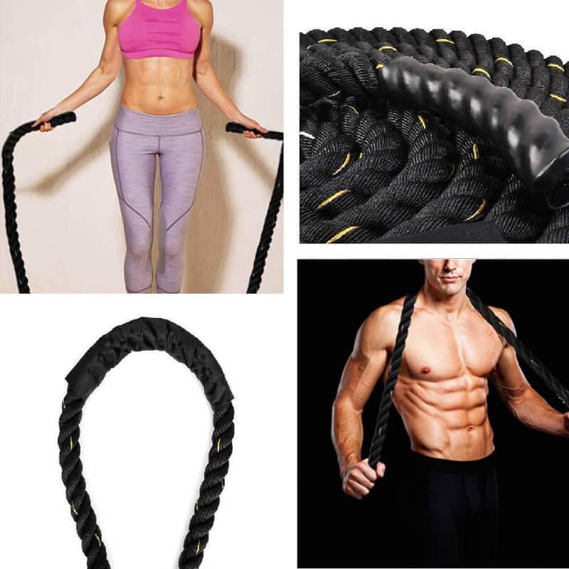 Fitness battle ropes for workout, with close-up of grip and athletes training indoors
