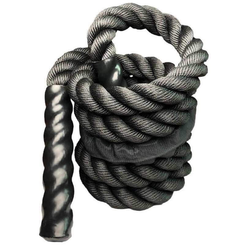 Black battle rope with textured grip handle for fitness and strength training