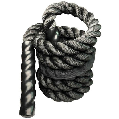 Black battle rope with textured grip handle for fitness and strength training