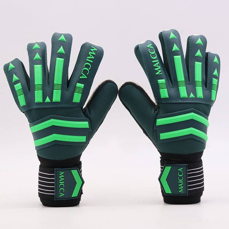 Pair of green and black gloves with 'MAICCA' branding on a white background