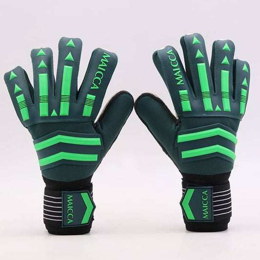 Pair of green and black gloves with 'MAICCA' branding on a white background