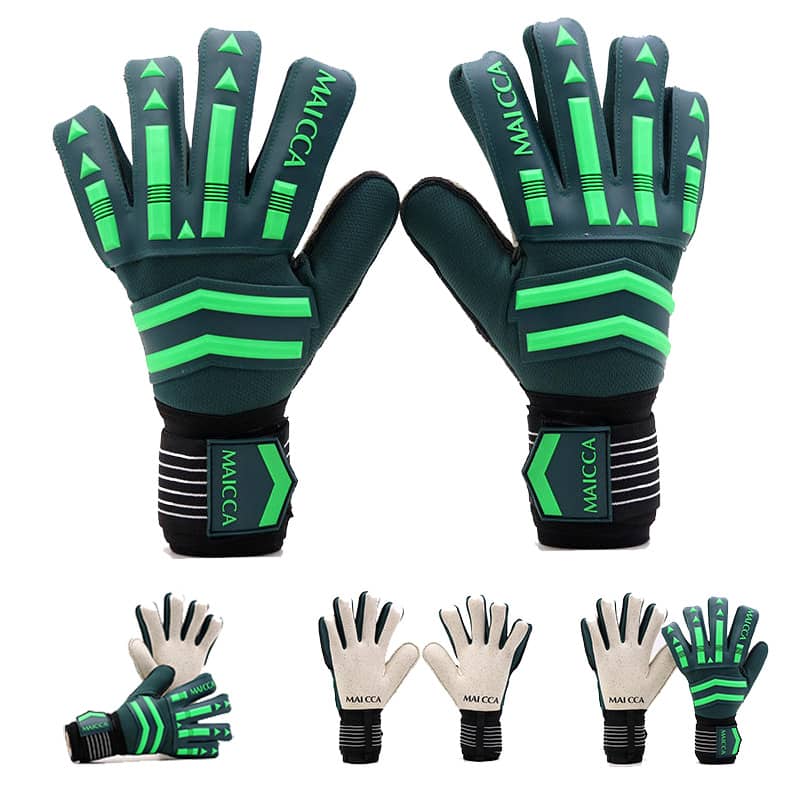 Pair of green and black gloves with 'Maloca' branding on a white background