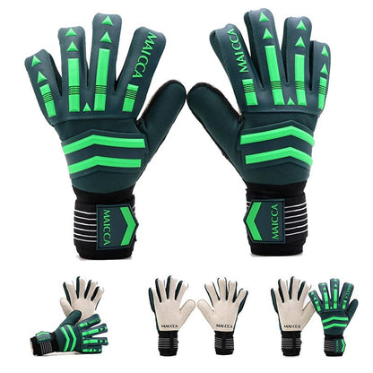 Pair of green and black gloves with 'Maloca' branding on a white background