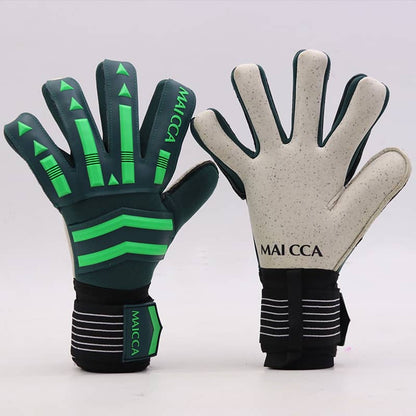 Two pairs of gloves, one green and black, the other beige and black, on a white background.