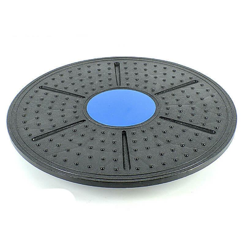 Black exercise disc with a blue center on a white background