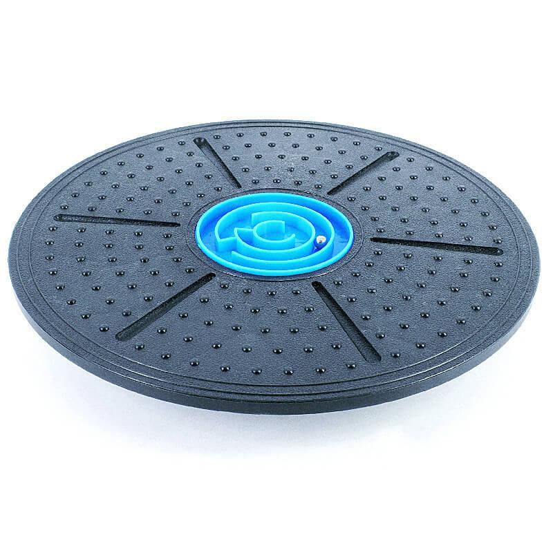 Black exercise balance board with blue center on a white background