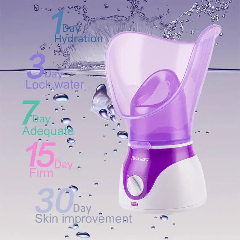 Purple facial steamer for skin hydration and improvement with day-by-day benefits highlighted.