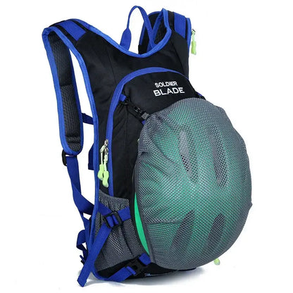 Fitness backpack with blue straps, mesh front pocket holding a green helmet, and zippered compartments