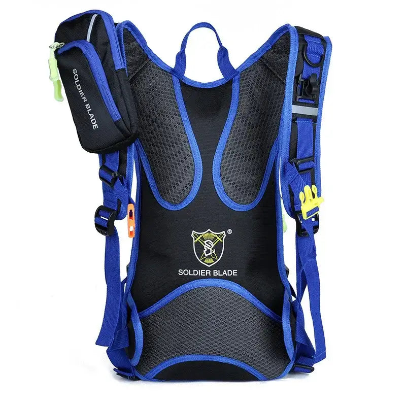 Blue and black hydration backpack with mesh padding and zip pouch for outdoor fitness activities