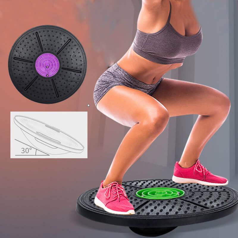 Person using a black exercise disc with a purple center and green target, with inset diagram and close-up of disc.