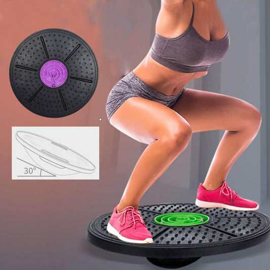 Person using a black exercise disc with a purple center and green target, with inset diagram and close-up of disc.