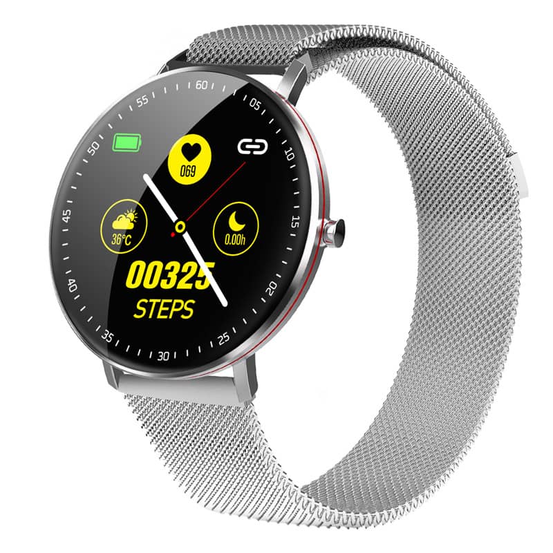 Smartwatch with a silver mesh band on a white background