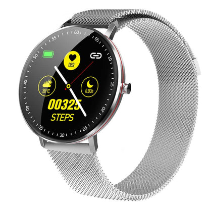 Smartwatch with a silver mesh band on a white background