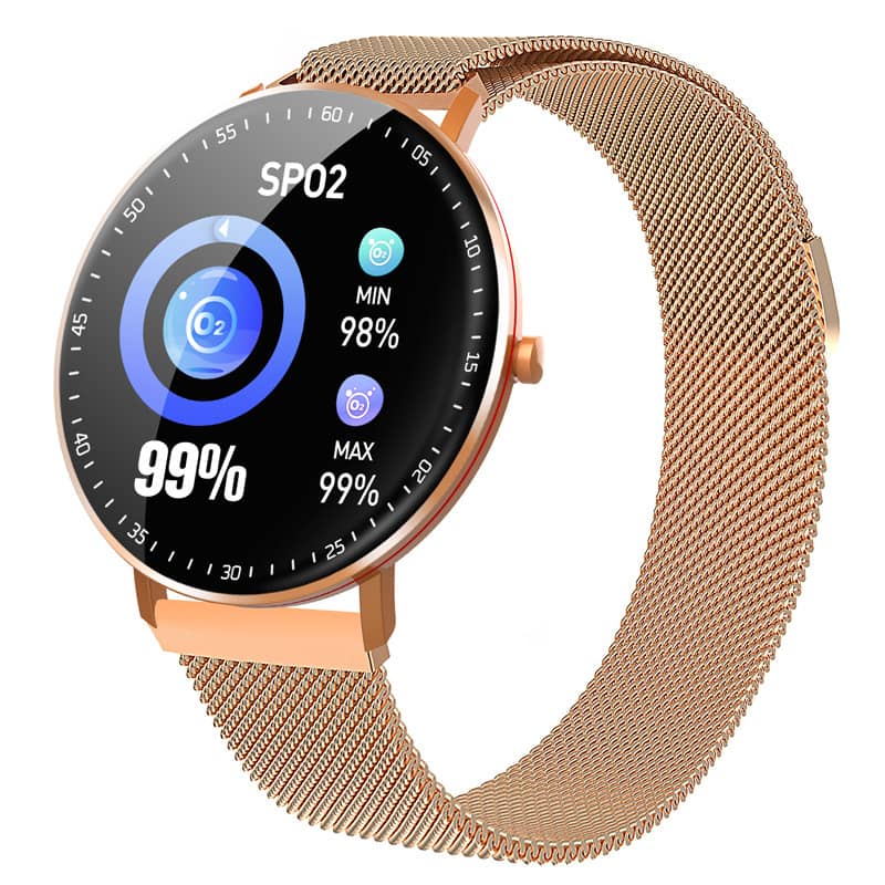 Smartwatch with a rose gold mesh band on a white background