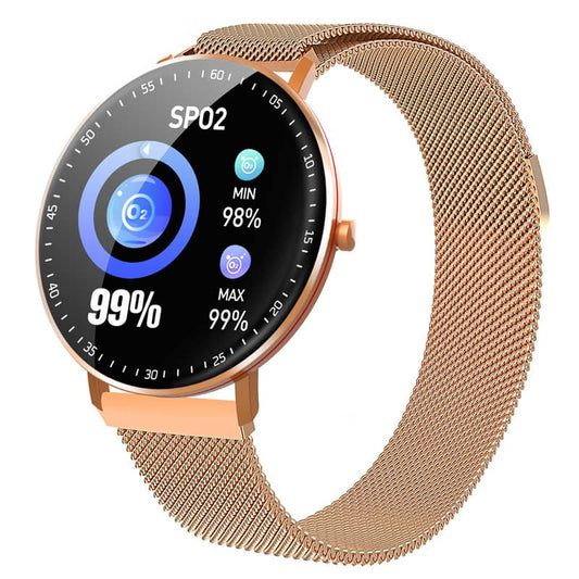 Smartwatch with a rose gold mesh band on a white background