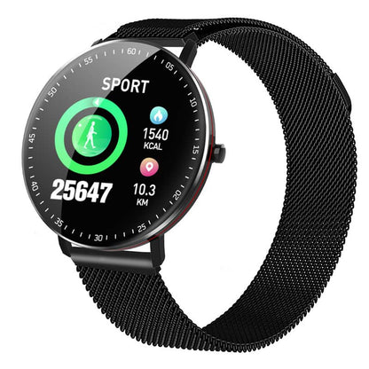 Smartwatch with a black mesh band on a white background