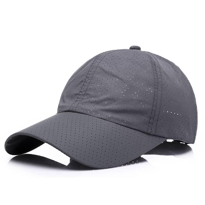 Gray perforated fitness cap with breathable mesh design, ideal for outdoor workouts at Hi Fitness