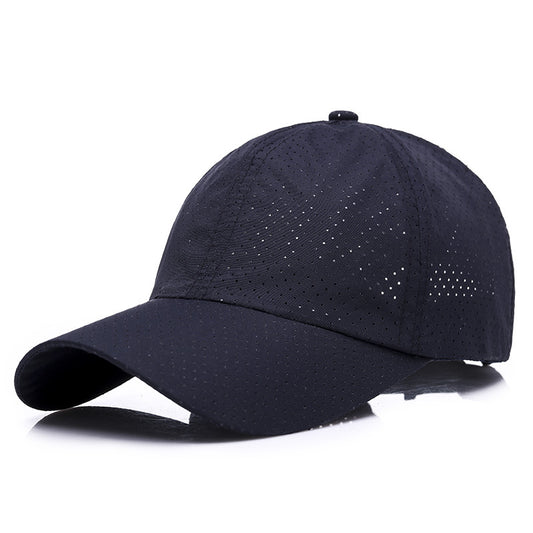 Navy blue baseball cap with perforated design on a white background