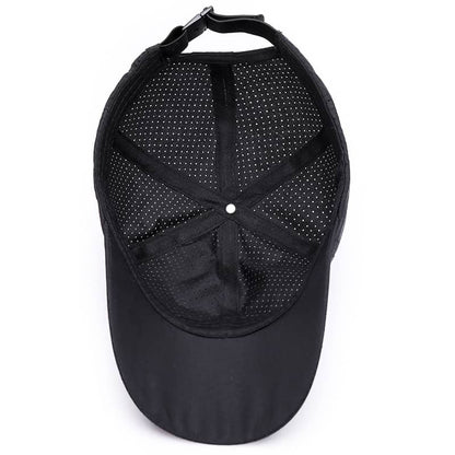 Black mesh fitness cap interior with adjustable strap, breathable design for workouts