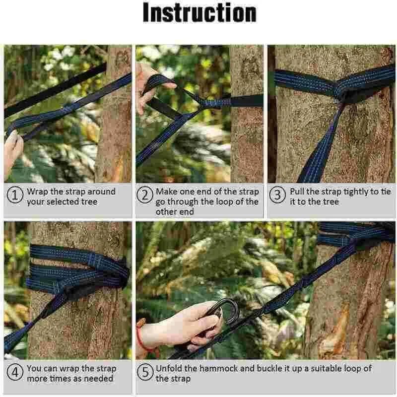 Step-by-step instructions on how to tie a hammock strap to a tree.