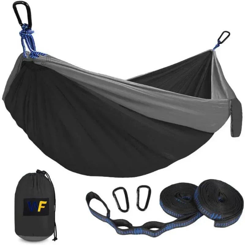 Black and gray hammock with accessories on a white background