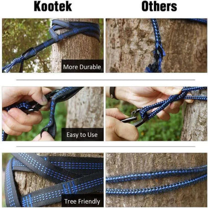 Comparison of Kootek and 'Others' rope products on a tree with text highlighting durability, ease of use, and tree-friendliness.