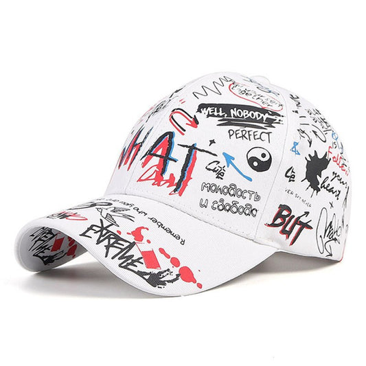 White cap with colorful text and graphics on a white background