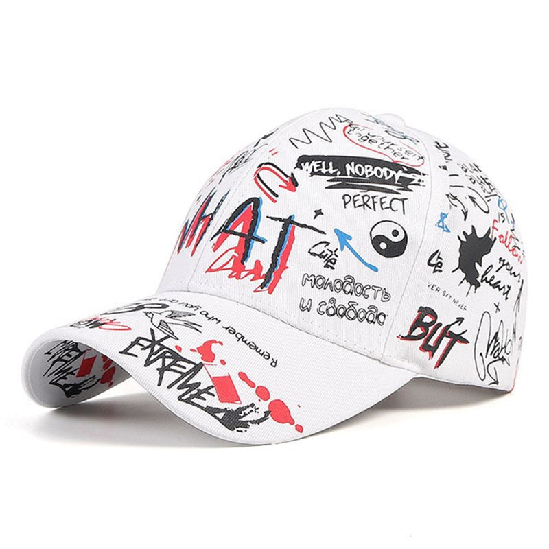 White cap with colorful text and graphics on a white background