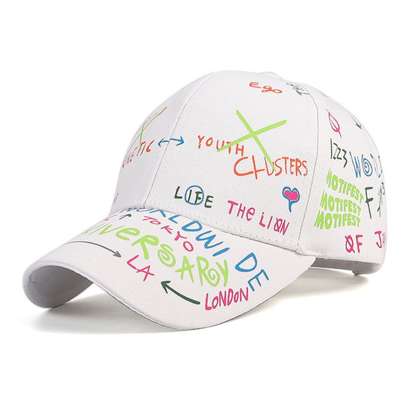 White cap with colorful text and graphics on a white background