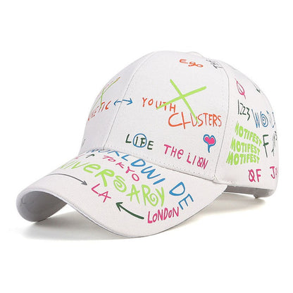 White cap with colorful text and graphics on a white background