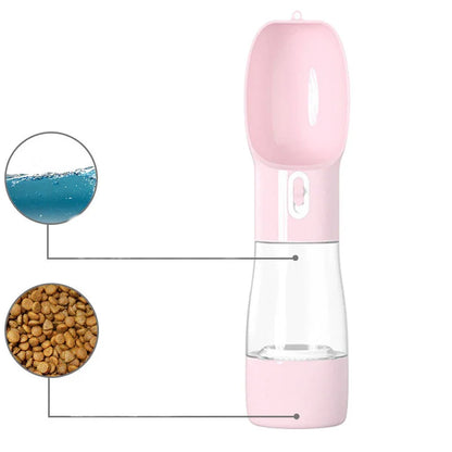 Pink portable pet water bottle with scoop and container for water and dry food