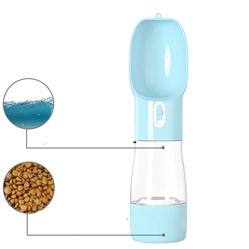 Portable blue pet water bottle and food dispenser for outdoor fitness and travel