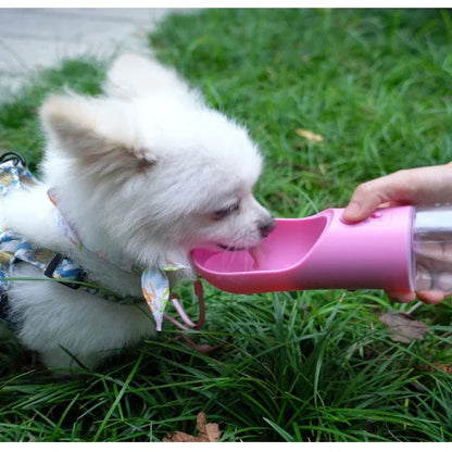 Small white dog drinking water from a portable pink pet water bottle outdoors on grass