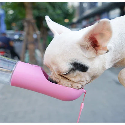 White dog drinking water from a portable pink pet water bottle outdoors