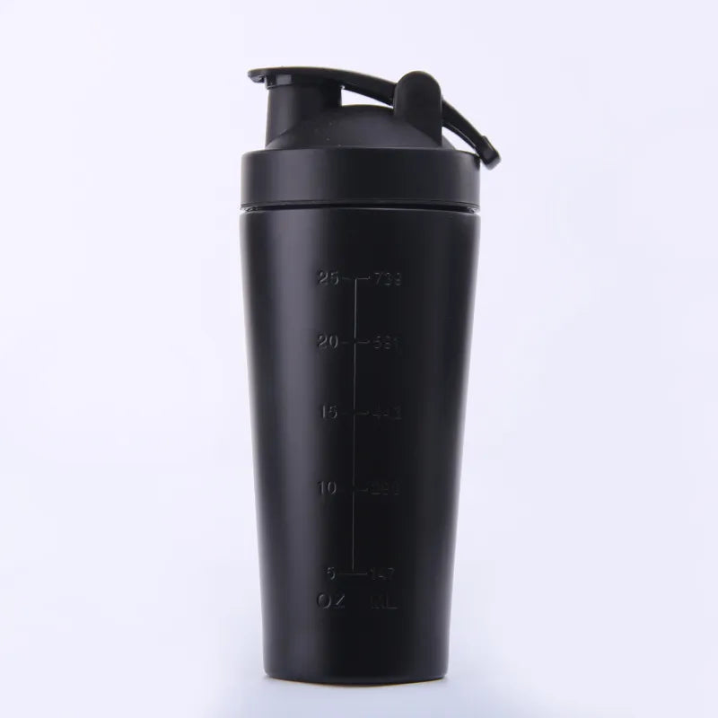 A matte black shaker bottle with integrated measurement markings on the side and a flip-top lid, shown against a plain white background.