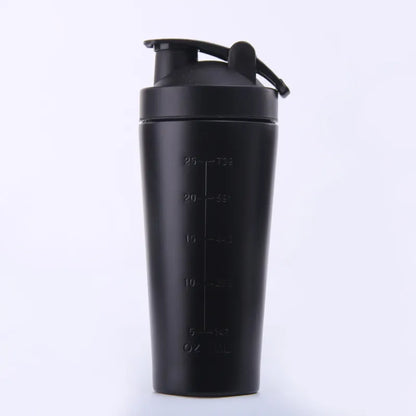 A matte black shaker bottle with integrated measurement markings on the side and a flip-top lid, shown against a plain white background.