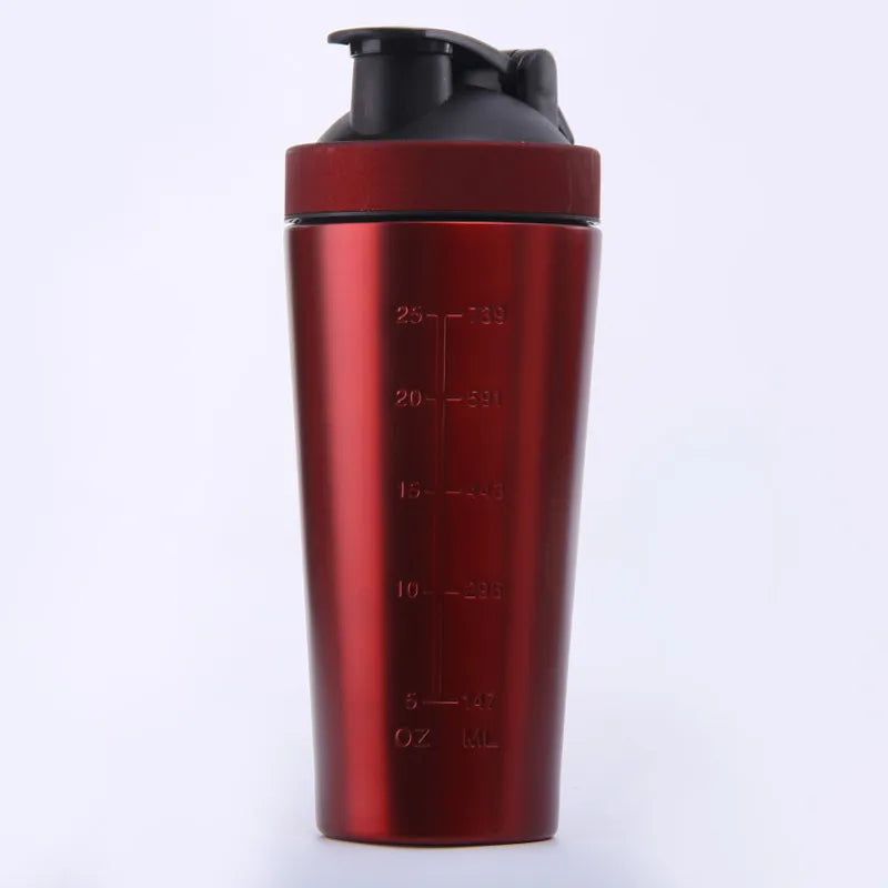 A red metallic shaker bottle with a black flip-top lid and embossed measurement markings in ounces and milliliters, shown on a plain white background.