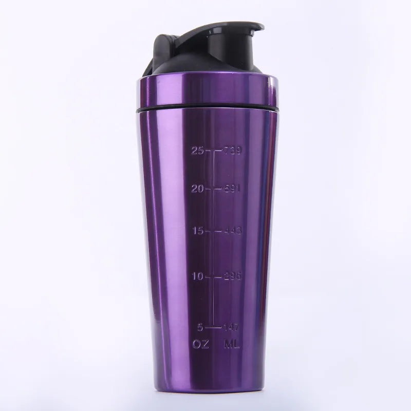 A metallic purple shaker bottle with a black flip-top lid, featuring measurement markings in ounces and milliliters on the side, set against a plain white background.