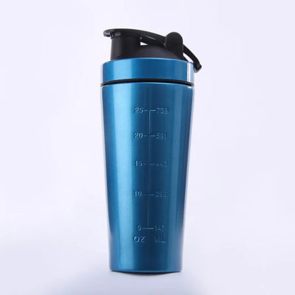 Blue protein shaker bottle with black cap on a light gray background