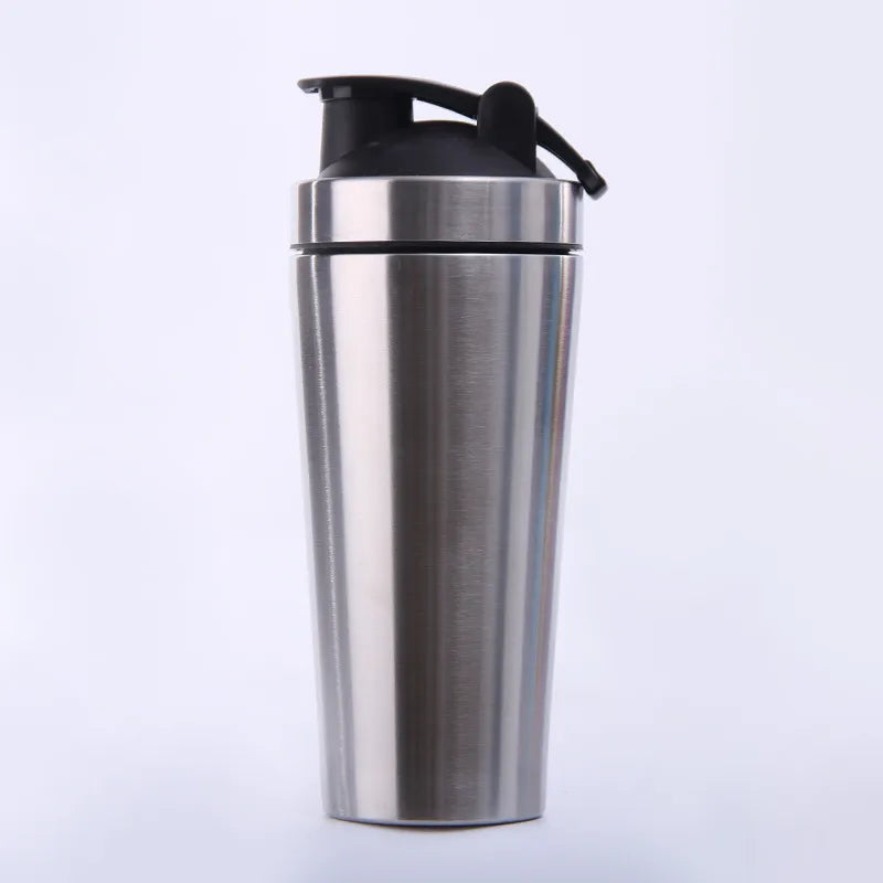 A brushed stainless steel travel tumbler with a black flip-top lid, shown on a clean white background.