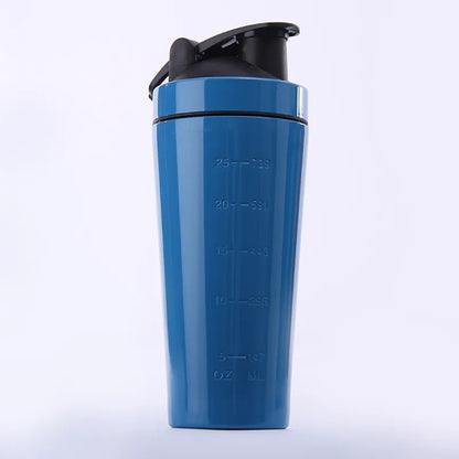 A blue shaker bottle with a black flip-top lid, featuring embossed measurement markings on the side, shown against a plain white background.