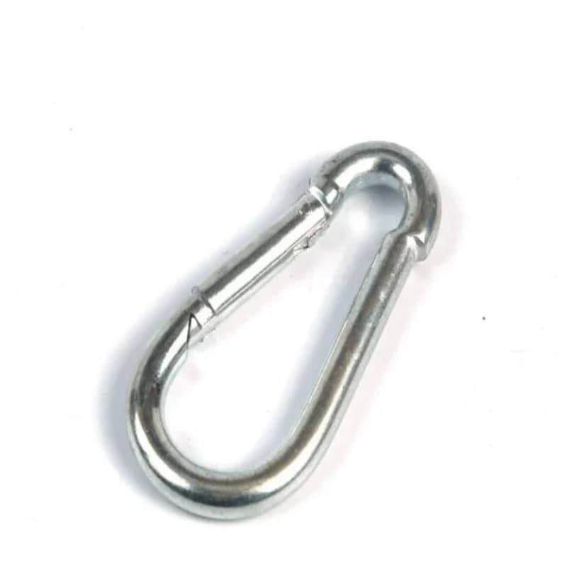 Silver metal carabiner clip for fitness equipment and outdoor gear on white background