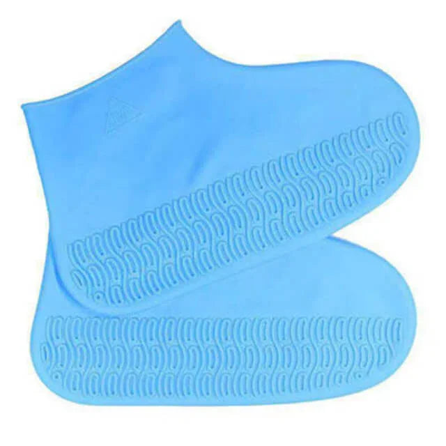 Blue silicone shoe covers on a white background