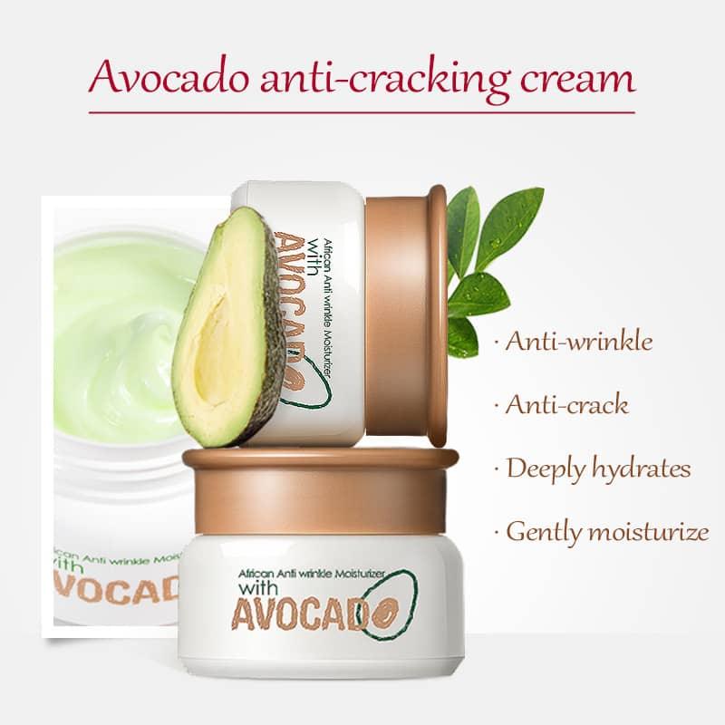 Avocado anti-cracking cream jar with avocado, leaf, and benefits like anti-wrinkle and hydration.