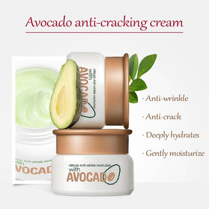 Avocado anti-cracking cream jar with avocado, leaf, and benefits like anti-wrinkle and hydration.