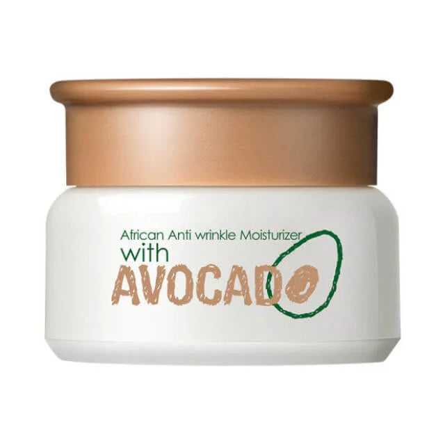 African anti-wrinkle moisturizer with avocado in a white and gold cosmetic jar