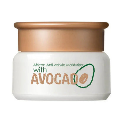 African anti-wrinkle moisturizer with avocado in a white and gold cosmetic jar
